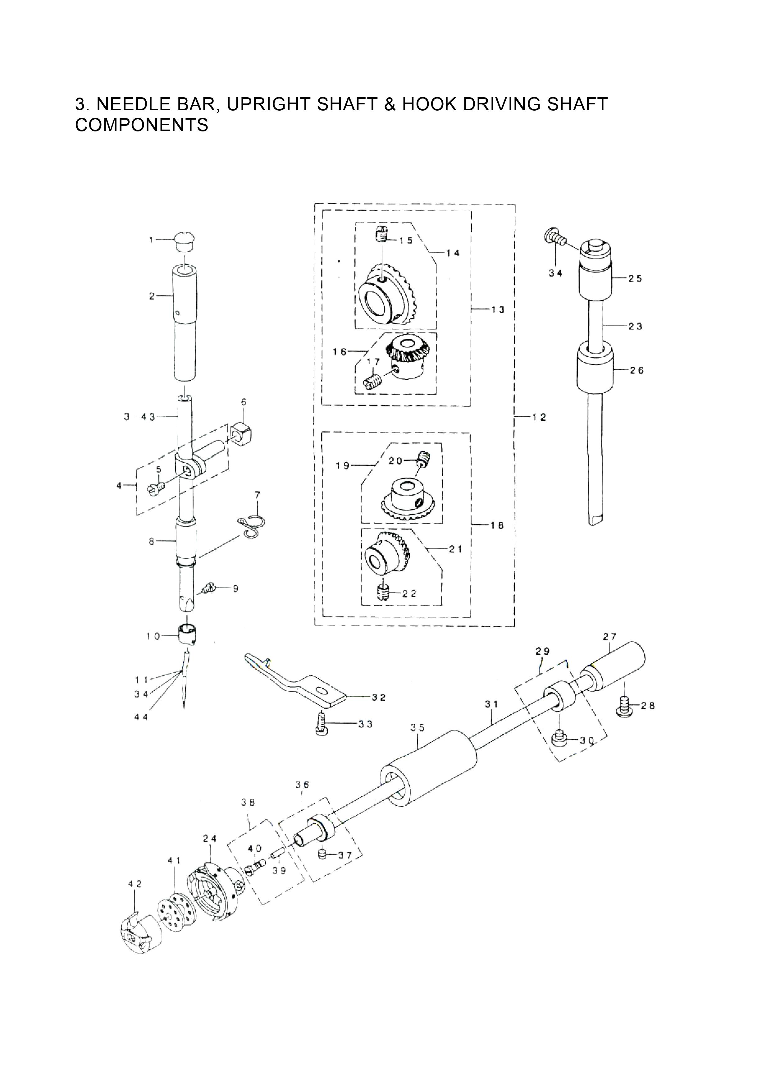 3 NEEDLE BAR, UPRIGHT SHAFT HOOK DRIVING SHAFT COMPONENTS