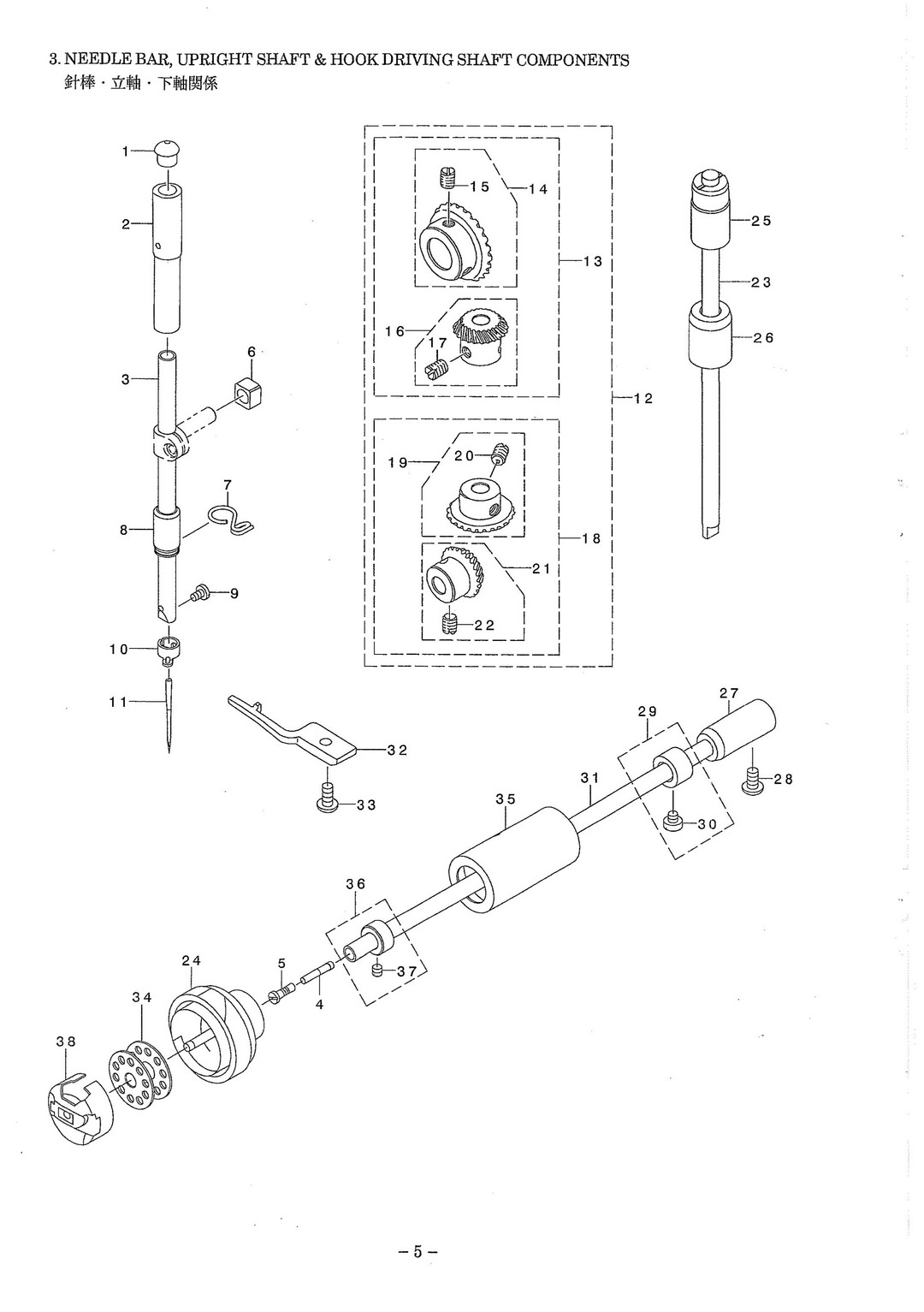 3 NEEDLE BAR,UPRINGHT SHAFT & HOOK DRIVING SHAFT COMPONENTS